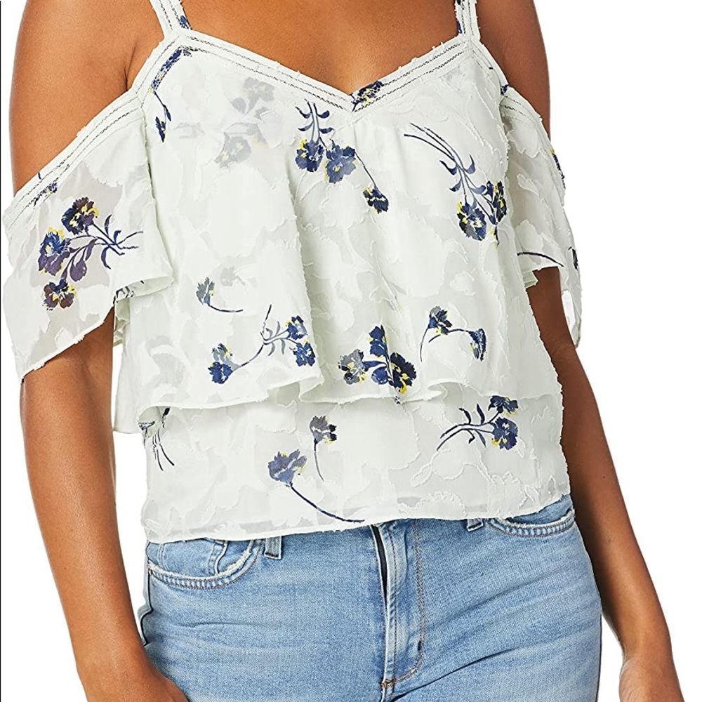 Lucky brand Floral Cold shoulder knit top mint green off the shoulder top